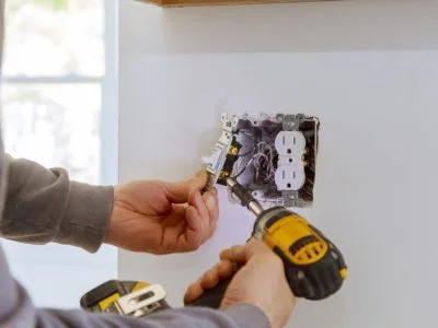Work on installing electrical outlets with electrical wires and connector installed in plasterboard drywall