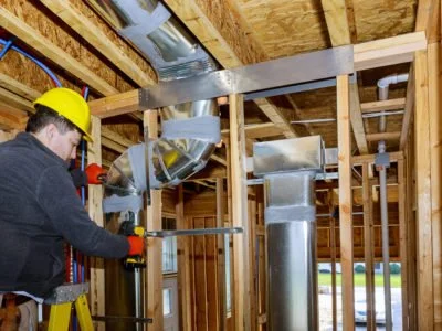 Installation system HVAC duct ventilation pipes in silver insulation of central conditioning a wall