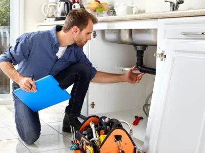 Professional plumber doing renovation in kitchen home.